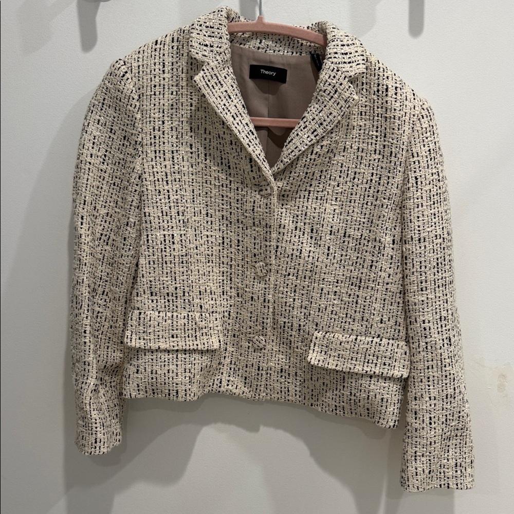 Theory Cream and Black Cropped Boucle Jacket